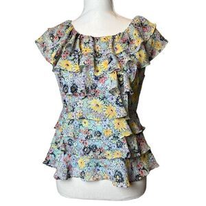 Odille Silk Women's Tiered Ruffle Floral Top Anthropologie blue yellow Size 4